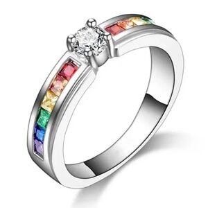 Rainbow Pride Ring Fashion Jewelry Zircon Centre Stone Sz 6.5 Excellent Quality